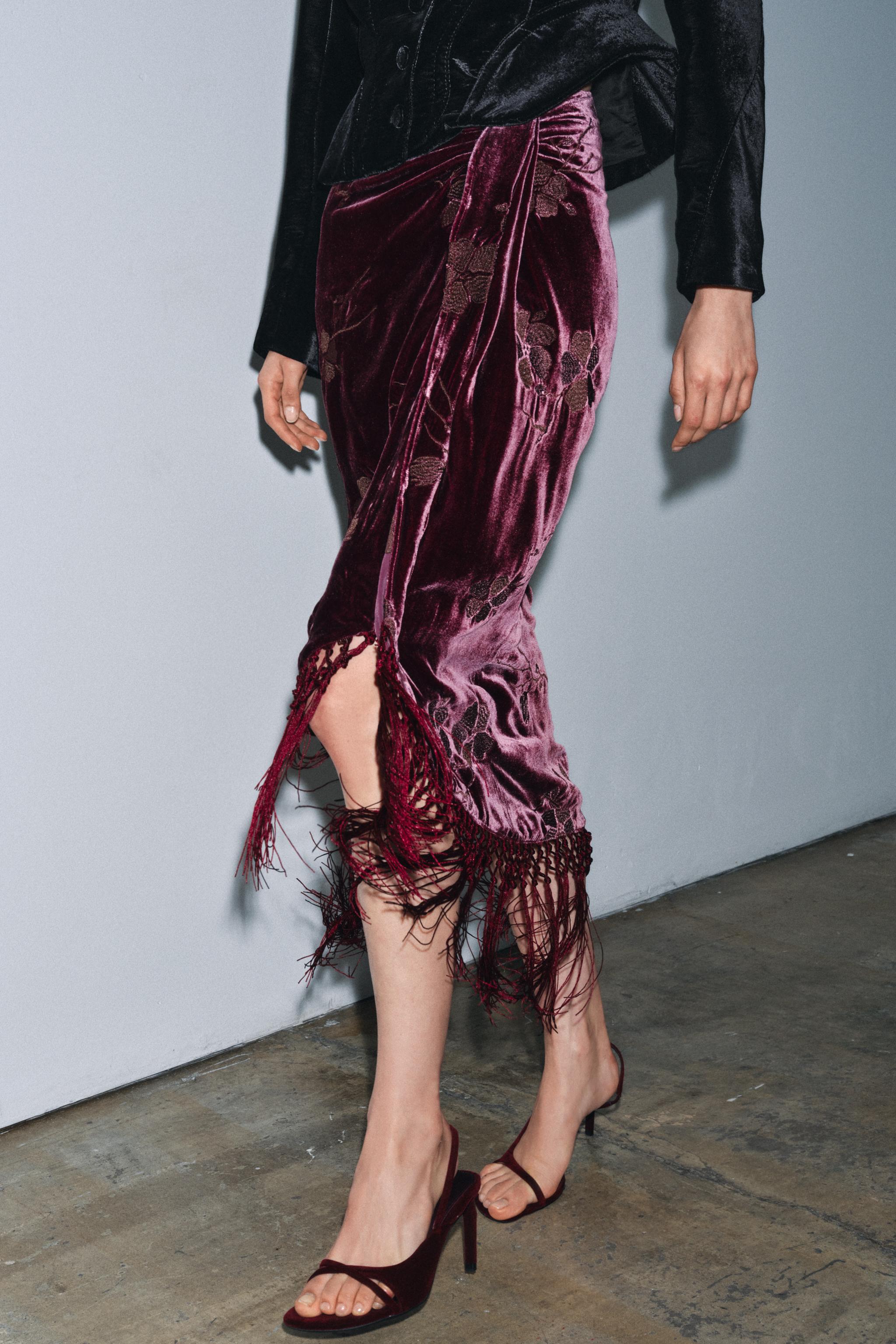 VELVET WRAP SKIRT WITH FLORAL EMBROIDERY